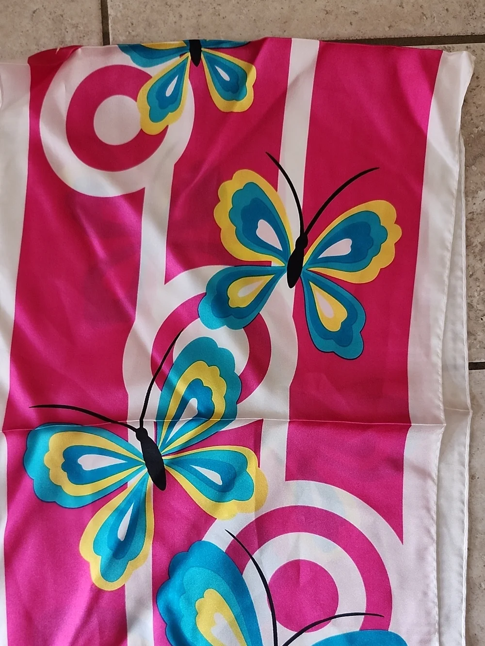 Adrienne Landau Pink Butterfly with Teal and Yellow Accents Silk Scarf